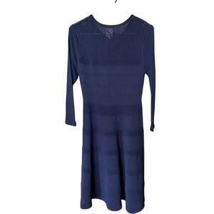 Vince Camuto Navy Blue Eyelet Pointelle Fit Flare Sweater Dress